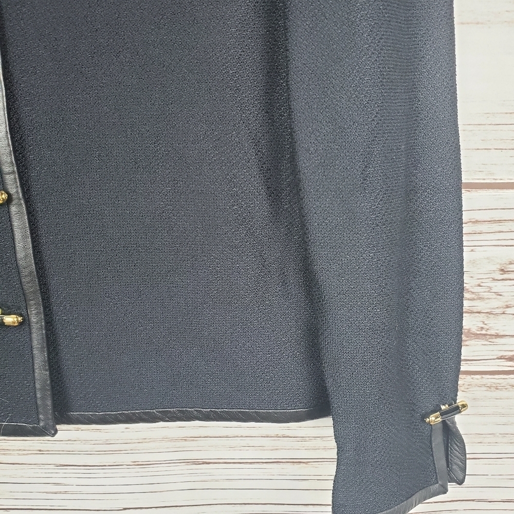 St. John Collection Womens Size 2 Vintage Black Santana Knit Leather Trim Jacket - Picture 4 of 11